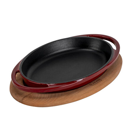 Lava Döküm Oval Sahan Döküm Demir Yekpare Çift Kulplu Kayın Servis Ahşabı Ölçü 21x14cm.-Bordo