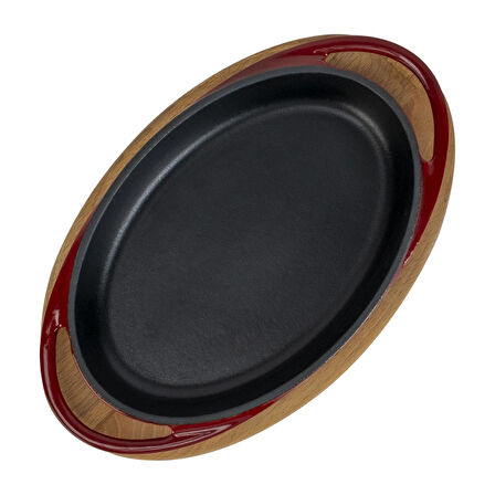 Lava Döküm Oval Sahan Döküm Demir Yekpare Çift Kulplu Kayın Servis Ahşabı Ölçü 21x14cm.-Bordo