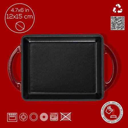 Lava Döküm Dikdörtgen Sahan Döküm Demir Yekpare Çift Kulplu Kayın Servis Ahşabı Ölçü 12x15cm.-Bordo