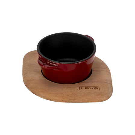 Lava Döküm Yuvarlak Sufle / Sos Kabı ve Ahşap Altlığı. Çap(Ø)8cm.-Bordo