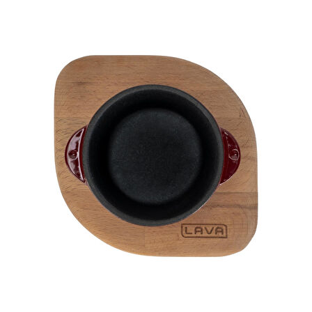 Lava Döküm Yuvarlak Sufle / Sos Kabı ve Ahşap Altlığı. Çap(Ø)8cm.-Bordo