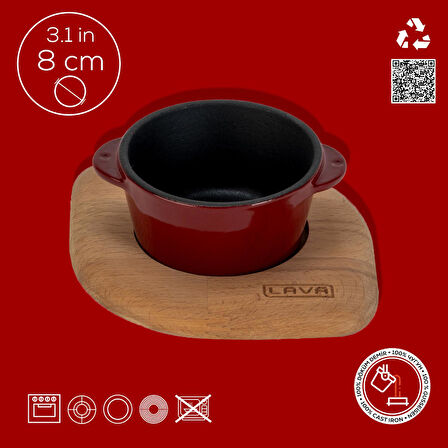 Lava Döküm Yuvarlak Sufle / Sos Kabı ve Ahşap Altlığı. Çap(Ø)8cm.-Bordo