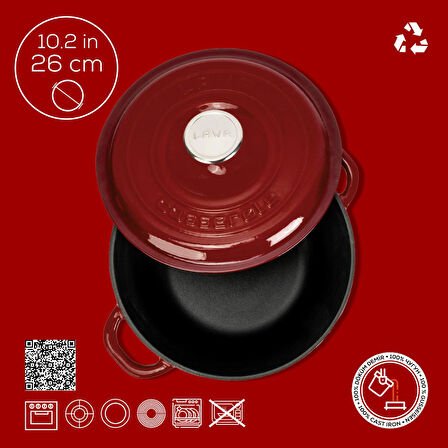 Lava Döküm Yuvarlak Tencere Döküm Demir Kapak New Heritage Serisi Çap(Ø)26cm.-Bordo