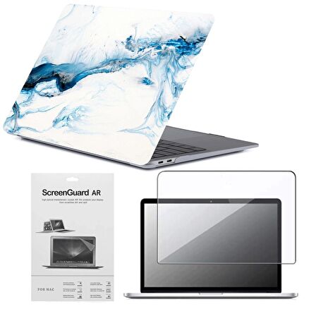 Apple 13" Macbook Pro M2 A2686 Mavi Mermer Kılıf Koruyucu + Ekran Filmi CMPTM2-133BM