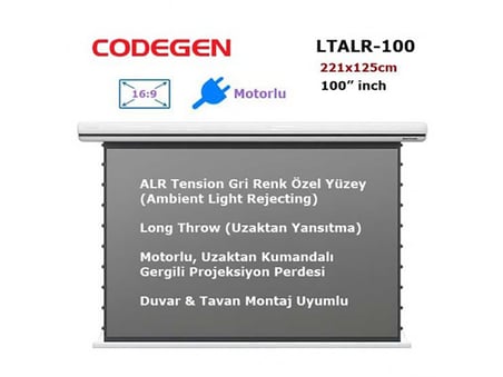 CODEGEN LTALR-100 Long Throw ALR Tension Gri Yüzey Motorlu Projeksiyon Perdesi 100 inch (221x125cm)