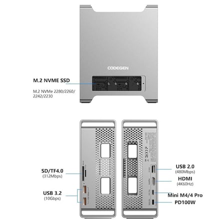 Codegen Mac Mini M6/M6 Pro 9 in 1 Type-C HDMI NVME SSD Alüminyum Çevirici Stand Docking Station CDG-NSC301