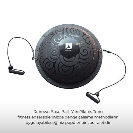 Rebuwo Siyah Bosu Ball Yarı Pilates Denge Topu 60 cm – Direnç Lastikli & Pompa Hediyeli, Ev ve Spor Salonu Egzersiz Aleti