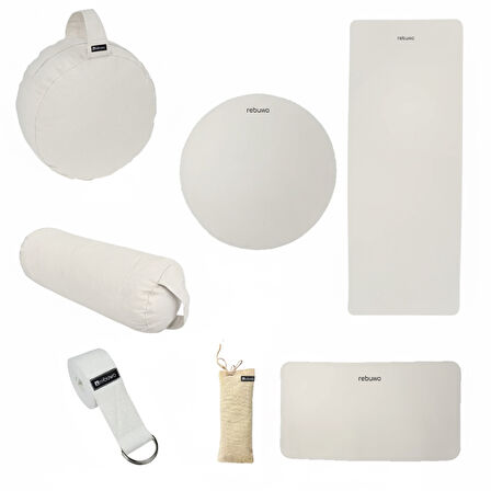 Rebuwo Hot Yoga & Meditasyon Seti – Hot Yoga Matı-Meditasyon Pedi+ Rebuwo Bej Meditasyon Minderi+Rebuwo Lavantalı Meditasyon Göz Yastığı+ Bolster ve Yoga Kemeri (Bej)