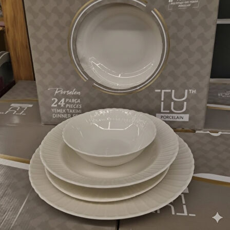 Kendinden Desenli 24 Parça Porselen Yemek Takımı