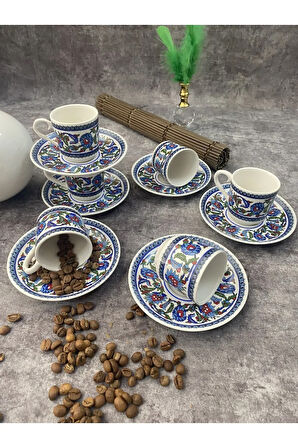 Porselen Topkapı Çini Desenli 6 Kişilik Türk Kahvesi Fincan Takımı 12 Parça