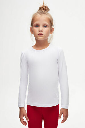 Beyaz Basic Mevsimlik Likralı Uzun Kollu Kız Çocuk Tişört