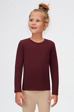 Vişne Çürüğü Kız Çocuk Düz Basıc Likralı Uzun Kol Tişört