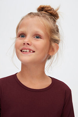 Vişne Çürüğü Kız Çocuk Düz Basıc Likralı Uzun Kol Tişört