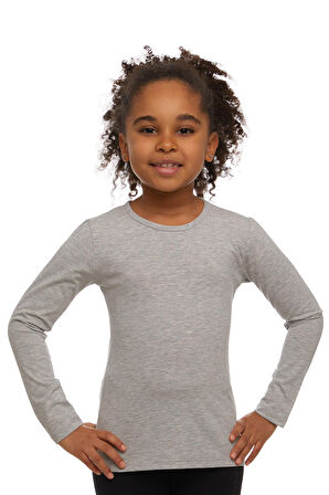 Açık Gri Basic Mevsimlik Likralı Uzun Kollu Kız Çocuk Tişört
