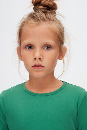 Deniz Yeşili Basic Mevsimlik Likralı Uzun Kollu Kız Çocuk Tişört