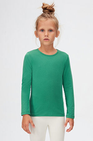Deniz Yeşili Basic Mevsimlik Likralı Uzun Kollu Kız Çocuk Tişört