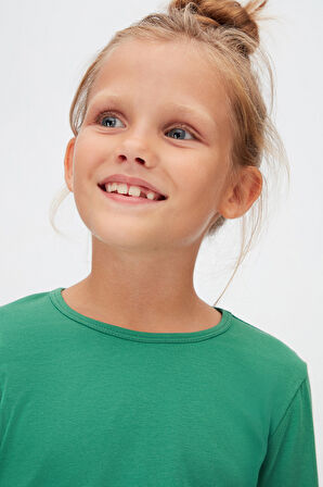 Deniz Yeşili Basic Mevsimlik Likralı Uzun Kollu Kız Çocuk Tişört