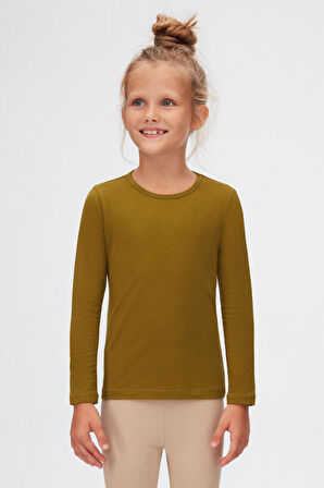 Zeytin Yeşili Basic Mevsimlik Likralı Uzun Kollu Kız Çocuk Tişört