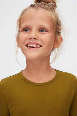 Zeytin Yeşili Basic Mevsimlik Likralı Uzun Kollu Kız Çocuk Tişört