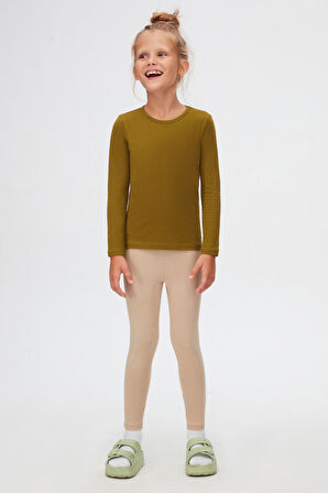 Zeytin Yeşili Basic Mevsimlik Likralı Uzun Kollu Kız Çocuk Tişört