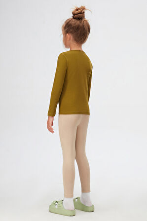 Zeytin Yeşili Basic Mevsimlik Likralı Uzun Kollu Kız Çocuk Tişört