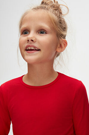 Kırmızı Basic Mevsimlik Likralı Uzun Kollu Kız Çocuk Tişört