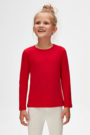 Kırmızı Basic Mevsimlik Likralı Uzun Kollu Kız Çocuk Tişört