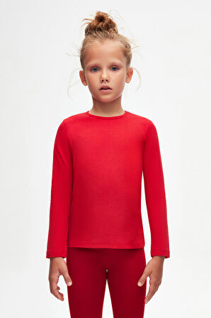 Açık Kırmızı Basic Mevsimlik Likralı Uzun Kollu Kız Çocuk Tişört