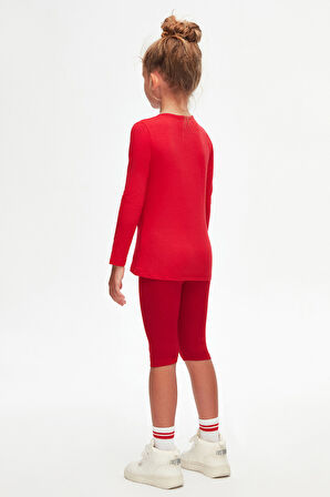 Açık Kırmızı Basic Mevsimlik Likralı Uzun Kollu Kız Çocuk Tişört