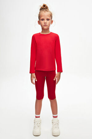 Açık Kırmızı Basic Mevsimlik Likralı Uzun Kollu Kız Çocuk Tişört