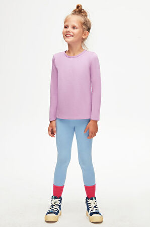 Lila Basic Mevsimlik Likralı Uzun Kollu Kız Çocuk Tişört
