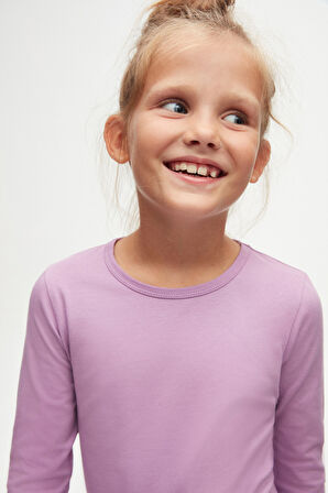 Lila Basic Mevsimlik Likralı Uzun Kollu Kız Çocuk Tişört