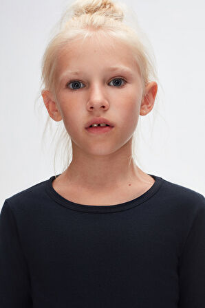 Koyu Lacivert Basic Mevsimlik Likralı Uzun Kollu Kız Çocuk Tişört