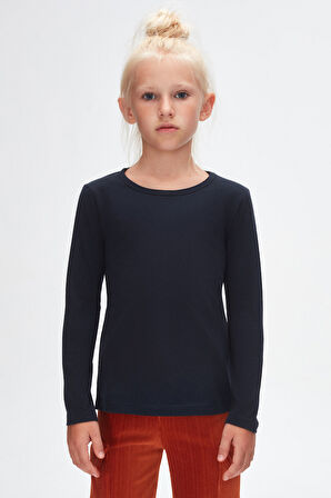 Koyu Lacivert Basic Mevsimlik Likralı Uzun Kollu Kız Çocuk Tişört