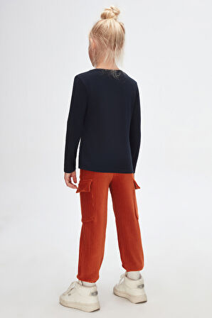 Koyu Lacivert Basic Mevsimlik Likralı Uzun Kollu Kız Çocuk Tişört