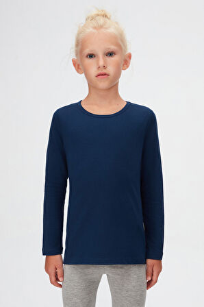 Açık Lacivert Basic Mevsimlik Likralı Uzun Kollu Kız Çocuk Tişört