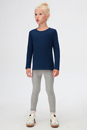 Açık Lacivert Basic Mevsimlik Likralı Uzun Kollu Kız Çocuk Tişört