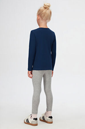 Açık Lacivert Basic Mevsimlik Likralı Uzun Kollu Kız Çocuk Tişört