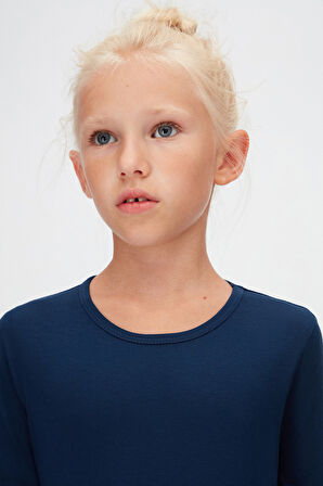 Açık Lacivert Basic Mevsimlik Likralı Uzun Kollu Kız Çocuk Tişört