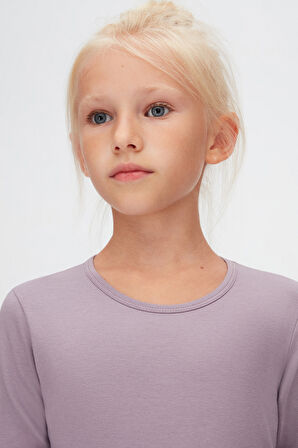 Soft Lila Kız Çocuk Düz Basıc Likralı Uzun Kol Tişört