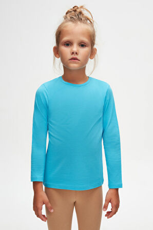 Okyanus Mavi Kız Çocuk Düz Basıc Likralı Uzun Kol Tişört