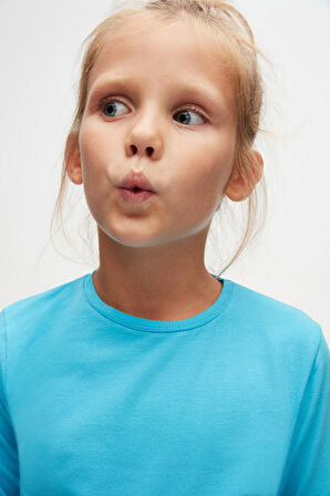 Okyanus Mavi Kız Çocuk Düz Basıc Likralı Uzun Kol Tişört