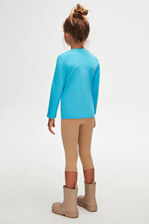 Okyanus Mavi Kız Çocuk Düz Basıc Likralı Uzun Kol Tişört