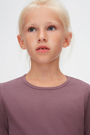 Soft Mor Kız Çocuk Düz Basıc Likralı Uzun Kol Tişört