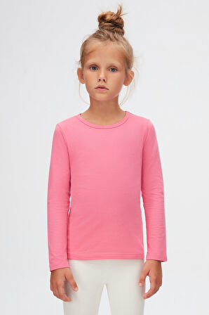 Şeker pembe Basic Mevsimlik Likralı Uzun Kollu Kız Çocuk Tişört