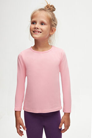 Pembe Basic Mevsimlik Likralı Uzun Kollu Kız Çocuk Tişört