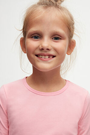 Pembe Basic Mevsimlik Likralı Uzun Kollu Kız Çocuk Tişört