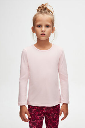 Uçuk pembe Basic Mevsimlik Likralı Uzun Kollu Kız Çocuk Tişört
