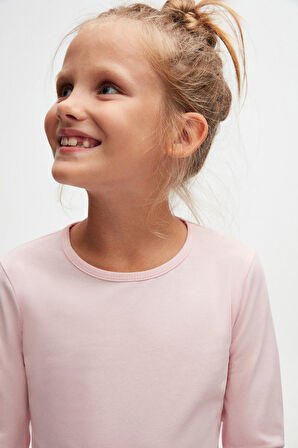 Uçuk pembe Basic Mevsimlik Likralı Uzun Kollu Kız Çocuk Tişört
