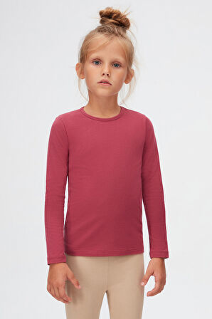 Açık Mürdüm Basic Mevsimlik Likralı Uzun Kollu Kız Çocuk Tişört